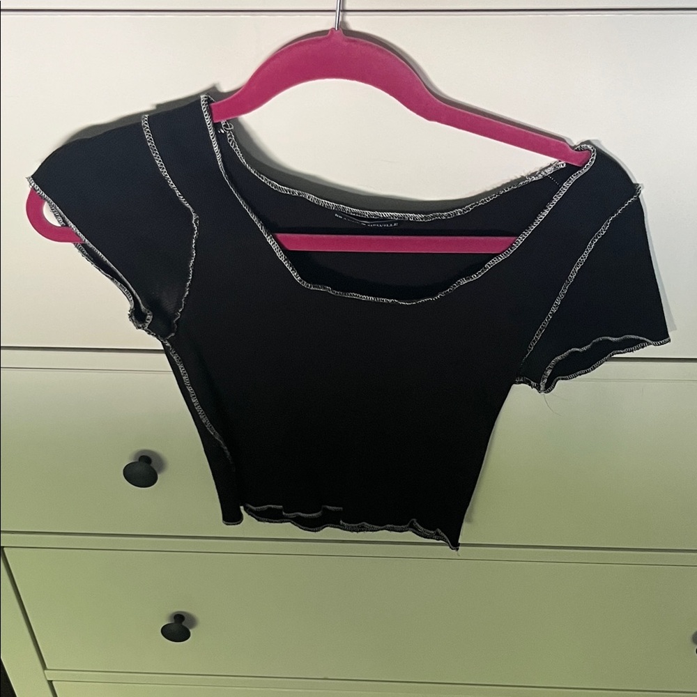 Brandy Melville Black Crop Top with White Stitching